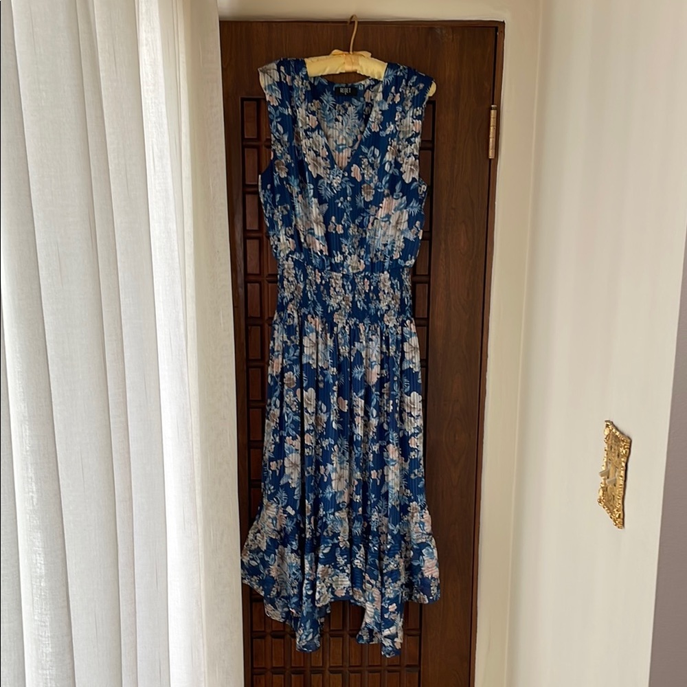 New without Tags, Blue floral midi dress, asymmetrical ruffled hemline